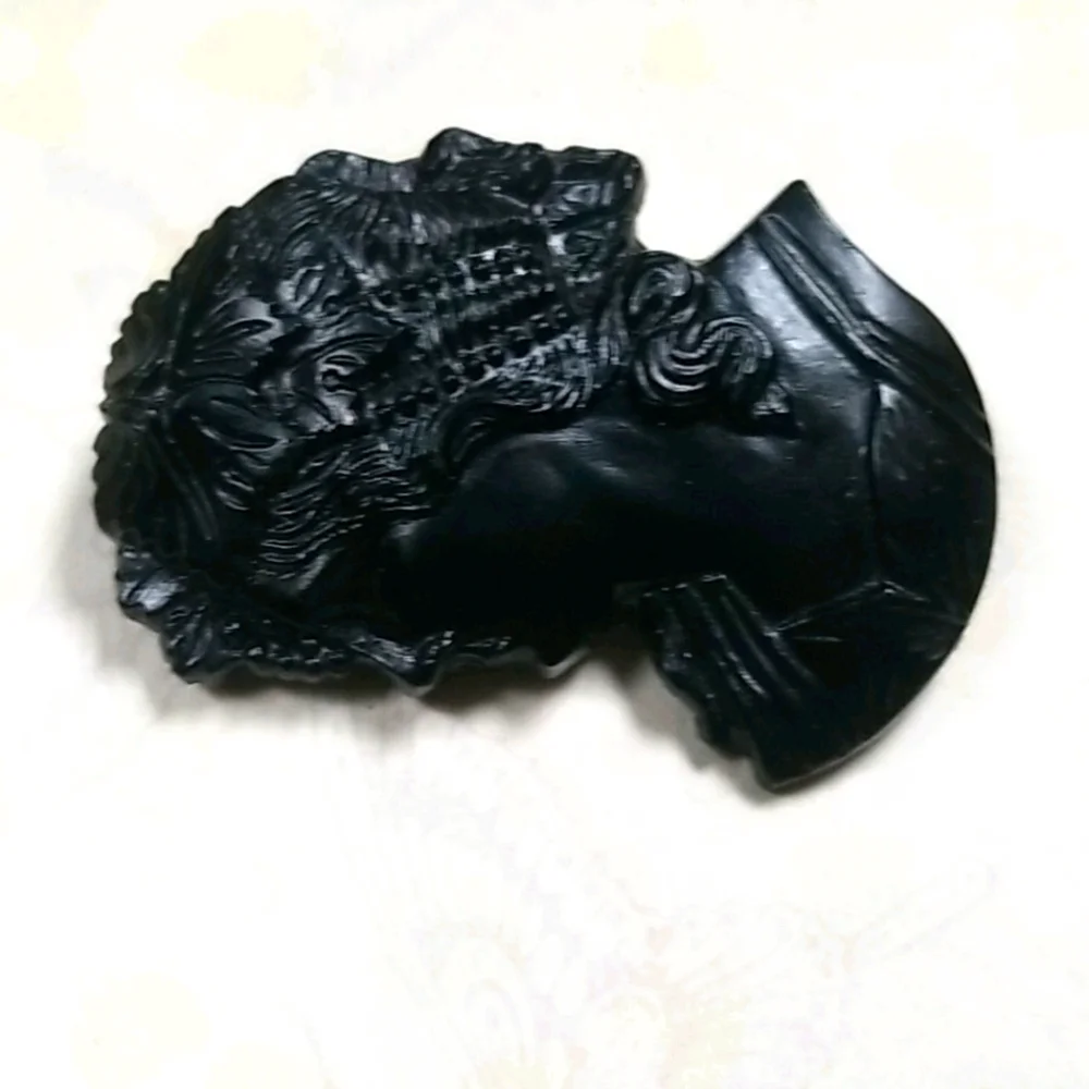 Vintage Mid Century Carved Black Victorian Lady Cameo Brooch